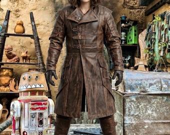 Brown Leather Steampunk Coat, High Collar Medieval Trench Duster, Renaissance Faire LARP Cosplay Costume