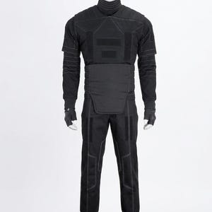 May include: Black tactical outfit, including a high-neck shirt, pants, gloves, and boots. The outfit features reinforced panels and stitching details. The mannequin is wearing a complete set of protective gear, suitable for cosplay or costume events.