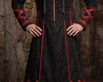 Hooded Gothic Techwear Coat, Black Red Cyberpunk Jacket, Alternative Streetwear for Conventions