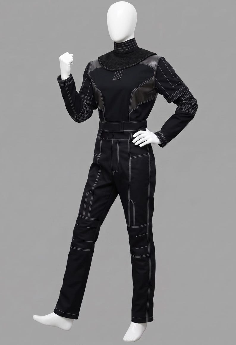 Peut inclure: Combinaison noire avec des d&eacute;tails de couture blancs. Col montant, empi&egrave;cements aux &eacute;paules et ceinture. Le haut &agrave; manches longues pr&eacute;sente des coutures d&eacute;coratives sur les manches. Le pantalon a des d&eacute;tails aux genoux et aux poches.