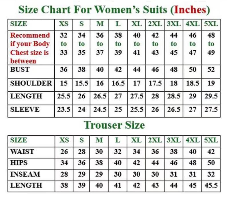 May include: Size chart for women's suits in inches, showing bust, shoulder, length, and sleeve measurements. Also includes trouser size measurements for waist, hips, inseam, and length. Sizes range from XS to 5XL.