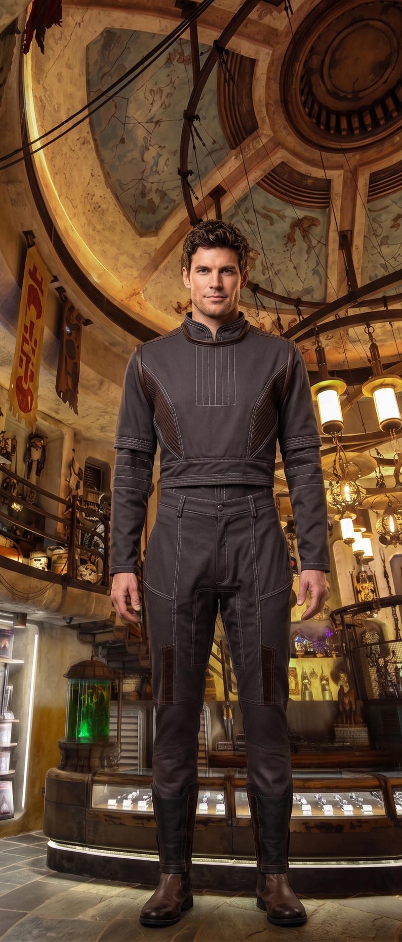May include: A person in a dark grey outfit with white stitching, comprising a long-sleeved top and trousers. The outfit has a high collar and is worn with brown boots. The background shows a detailed interior with hanging lights.