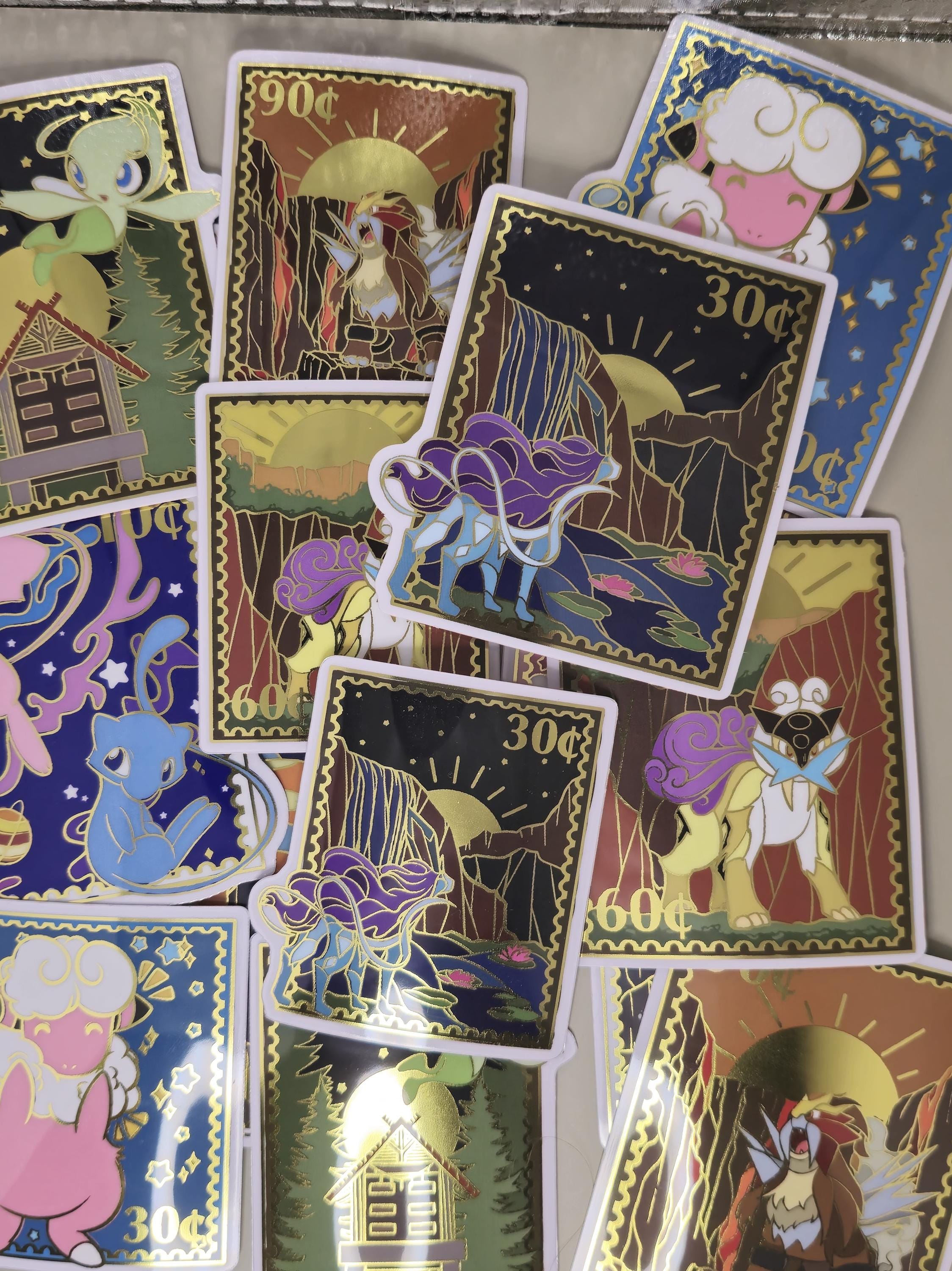 Postage Stamp Gold Foil Stickers | Suicune, Entei, Raikou, Celebi | Monster Gold Foil Sticker