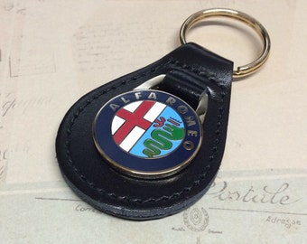 Alfa Romeo enamelled black leather key ring fob