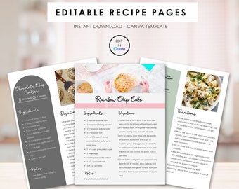 Recipe Card Template Bundle, Canva Recipe Template, Editable & Printable, Instant Download, Cookbook Design, Recipe Sheet