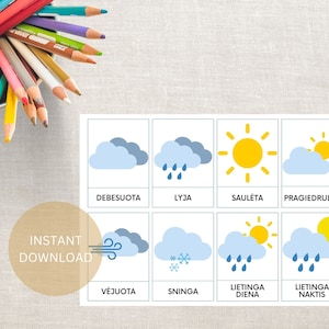 Lithuanian Language preschool Weather Conditions printable, flashcards, lietuviu kalbos pratybos pdf, orai vaikams, uzduotys vaikams