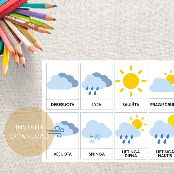 Lithuanian Language preschool Weather Conditions printable, flashcards, lietuviu kalbos pratybos pdf, orai vaikams, uzduotys vaikams