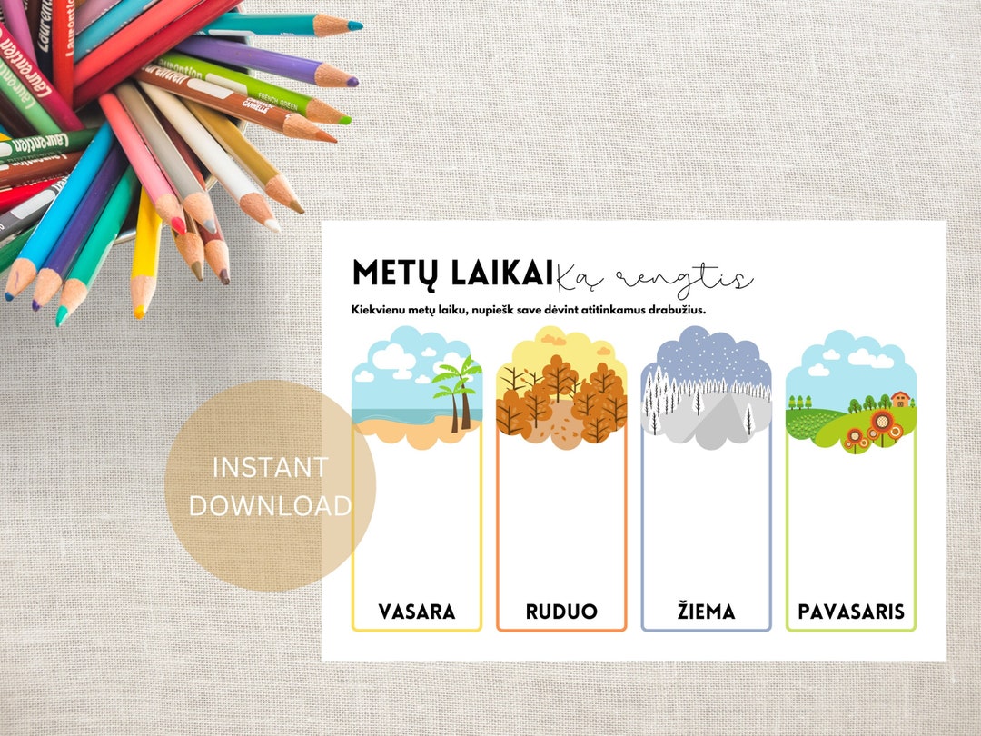 Lithuanian Language Preschool Seasons Printable, Flashcards, Lietuviu ...