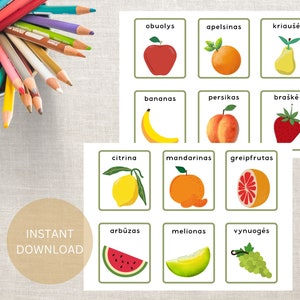 Nomes de frutas pré-escolares em língua lituana para impressão, flashcards, lietuviu kalbos pratybos pdf, vaisiai, download, mokomes lietuviskai
