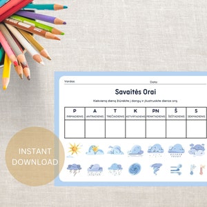 Suivi météo hebdomadaire préscolaire en langue lituanienne, imprimable, cartes mémoire, savaites orai, uzduotis, pratybos pdf, orai vaikams, uzduotys