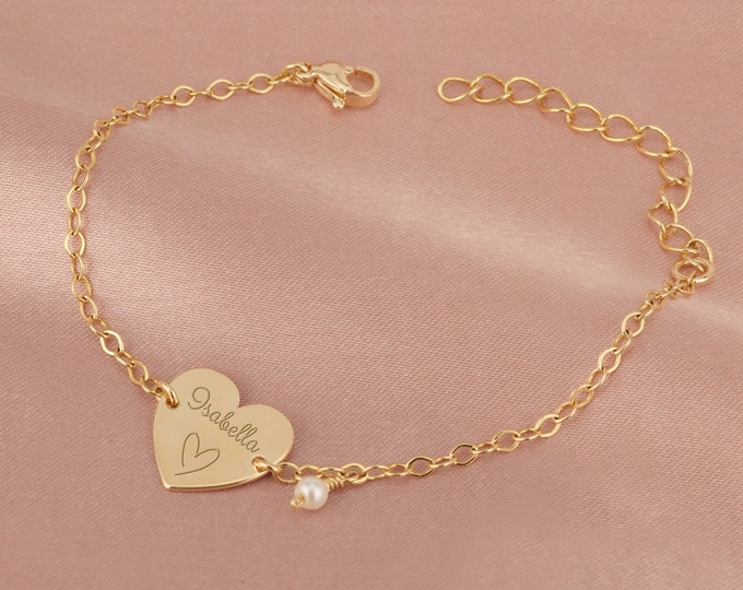 Individuell gravierter Name mit Herz-Armband für Mädchen, Kinderschmuck für Mädchen, kleines Mädchen-Armband personalisiert, benutzerdefiniertes Baby-Mädchen-Armband