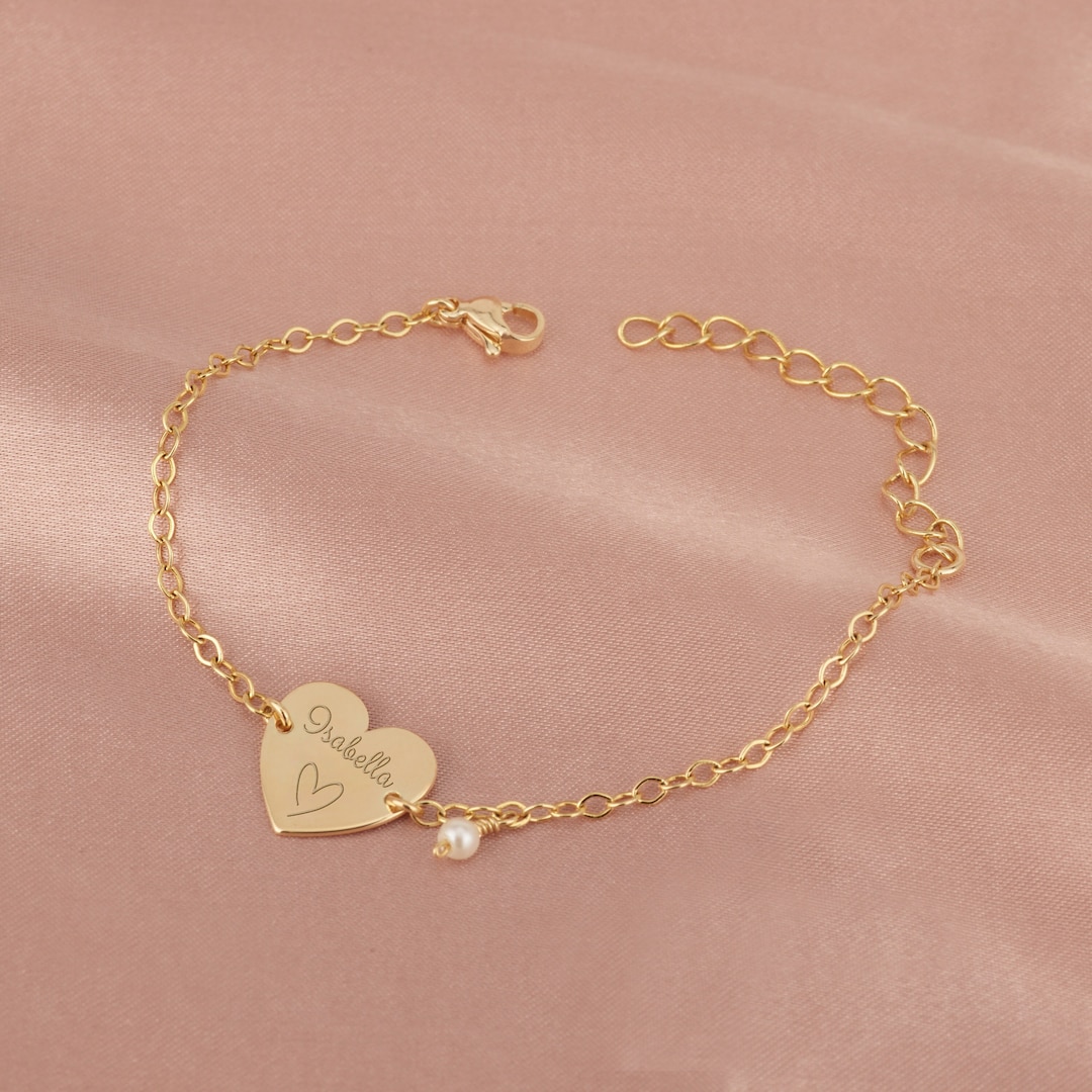 Custom Engraved Name With Heart Bracelet for Girls, Kids Jewelry for