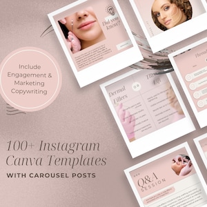 Peut inclure: Un ensemble de plus de 100 modèles Canva Instagram avec des publications carrousel pour une clinique de beauté. Les modèles présentent une palette de couleurs rose et blanche et incluent du texte tel que "Remplisseurs Dermaux", "Lifting des Fils", "Mythe" et "Session de Questions-Réponses".