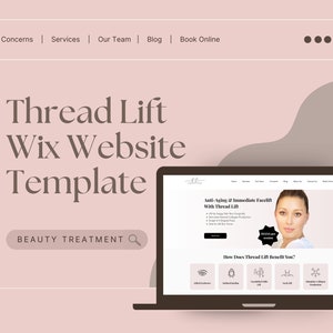 May include: A laptop computer displaying a website for a beauty treatment business. The website features a photo of a woman with a caption that reads "Anti-Aging & Immediate Facelift with Thread Lift". The website also includes a section titled "How Does Thread Lift Benefit You?" with icons representing the benefits of the treatment.
