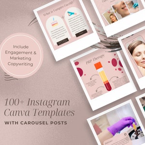May include: A collection of 100+ Instagram Canva templates with carousel posts for a beauty clinic. The templates feature pink and white backgrounds with images of blood vials, a woman receiving a facial treatment, and text about PRP therapy and reviews. The text "Include Engagement & Marketing Copywriting" is also included.