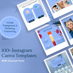 May include: A collection of 100+ Instagram Canva templates for businesses in the beauty and wellness industry. The templates feature a blue and white color scheme and include text about PRP therapy, vampire facials, and treatment areas. The text "100+ Instagram Canva Templates" and "With Carousel Posts" is also included.