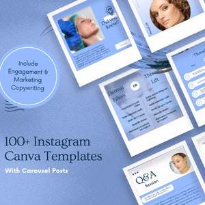 May include: A collection of 100+ Instagram Canva templates for beauty and wellness businesses. The templates feature a blue and white color scheme and include carousel posts with text overlays. The text includes "Did you know?", "Dermal Fillers", "Thread Lift", "Myth", and "Q&A Session".