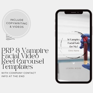May include: A smartphone screen displaying a graphic for a clinic offering PRP and Vampire Facial treatments. The graphic features a test tube of blood and the text "Is Vampire Facial Safe for Me?" with the clinic name below. The text "LEARN MORE" is at the bottom of the screen.