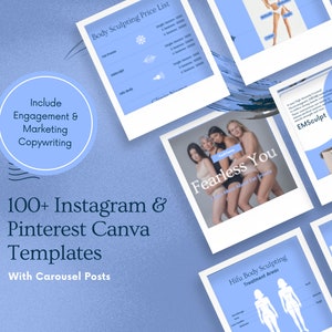 May include: A collection of 100+ Instagram and Pinterest Canva templates with carousel posts for body sculpting businesses. The templates feature images of women, text about body sculpting treatments, and a price list. The text "Fearless You" is featured on one of the templates.