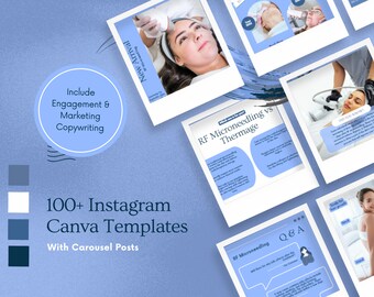 Plantillas de Canva para redes sociales, educación y marketing de historias y feeds de Instagram de RF MICRONEEDLING en azul y blanco para clínicas estéticas y spas médicos
