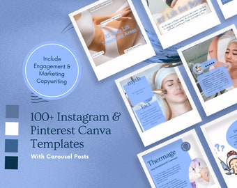 May include: A collection of blue and white Instagram and Pinterest Canva templates for promoting beauty and wellness services. The templates feature text such as "RF Lift for Your Skin", "Myth", "Fact", "Our Customers Say", "Thermage", and "Did You Know?" The templates also include images of people receiving facial treatments.