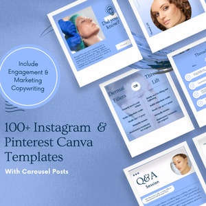 May include: A collection of 100+ Instagram and Pinterest Canva templates for beauty and skincare businesses. The templates feature a blue and white color scheme and include text such as "Did you know?", "Dermal Fillers", "Thread Lift", and "Q&A Session".
