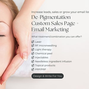 Könnte beinhalten: Eine Frau erhält eine Gesichtsbehandlung. Der Text auf dem Bild lautet: "Steigern Sie Leads, Verkäufe oder erweitern Sie Ihre E-Mail-Liste! Depigmentierung Individuelle Verkaufsseite + E-Mail-Marketing Welche Behandlung/Kombination können Sie anbieten? Laser RF-Microneedling Lichttherapie Chemisches Peeling Injektionen Nadelfreie Inhaltsstoffinfusion Topische Produkte PRP/PRF Design & Schreiben für Sie"