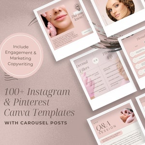 May include: A set of pink and brown Instagram and Pinterest Canva templates for a beauty clinic. The templates feature images of a woman's face, text about dermal fillers, thread lifts, and a Q&A session. The text "Did you know?" is featured on one of the templates. The text "100+ Instagram & Pinterest Canva Templates with Carousel Posts" is featured on the bottom of the image.
