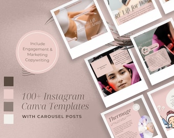 May include: A collection of pink and white Instagram templates for a beauty business. The templates feature images of people receiving beauty treatments, text about the treatments, and a color palette of pink, white, and brown. The text on the templates includes "RF Body Lift Treatment Areas", "RF Lift for Body", "Thermage", and "Our Customer Says".