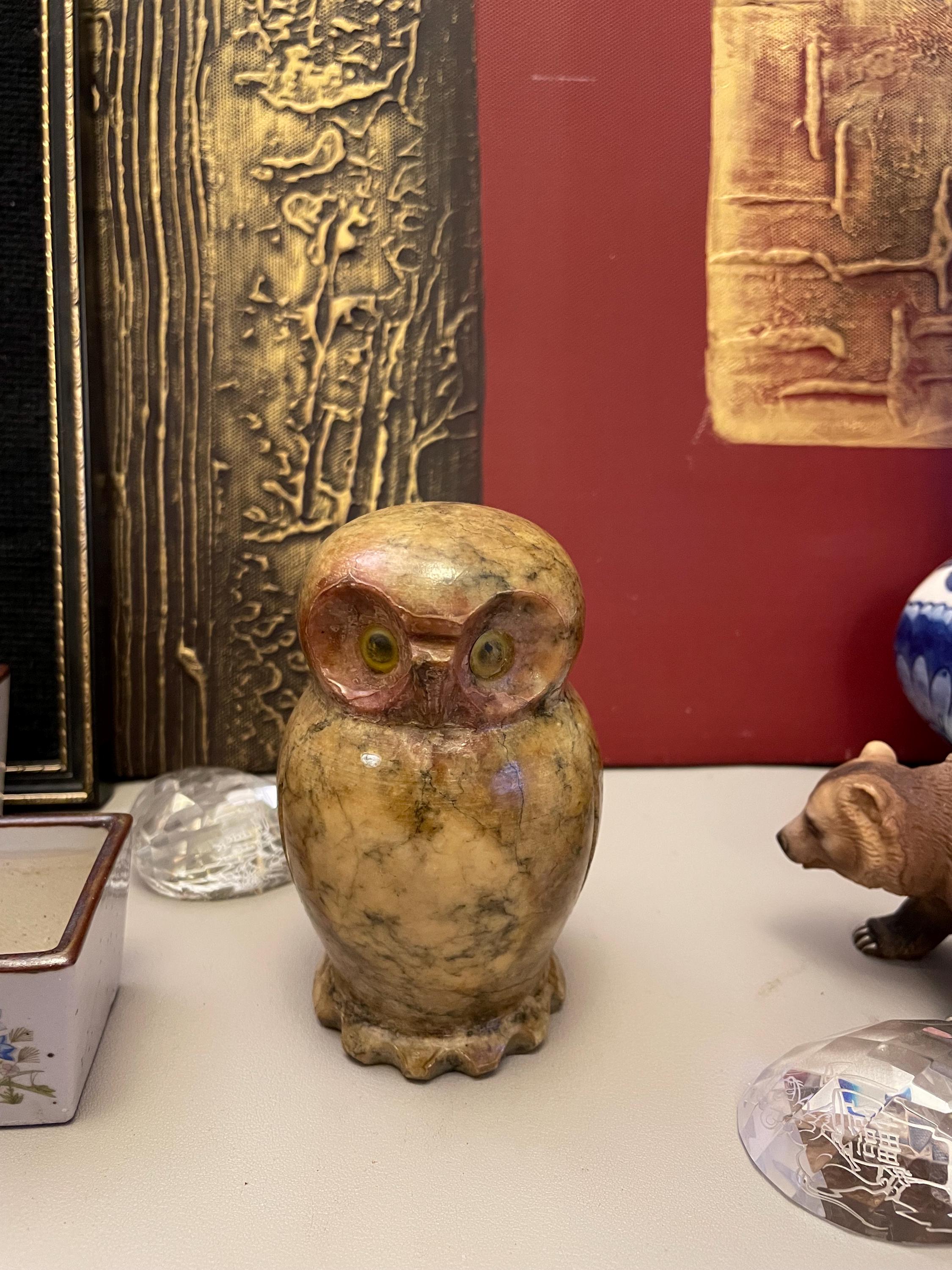 Vintage hand carved Alabaster stone owl figurine made in Italy