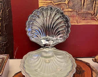 Vintage Muschelschale aus Edelstahl mit Glaseinsatz für Kaviar, Butter, Marmelade