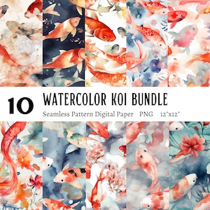 Peut inclure: Un lot de 10 papiers numériques avec des motifs de poissons koï en aquarelle, dans différentes couleurs et poses. Les motifs sont sans couture et peuvent être utilisés pour l'artisanat, le scrapbooking et d'autres projets créatifs. Les motifs mesurent 30,48 cm sur 30,48 cm.