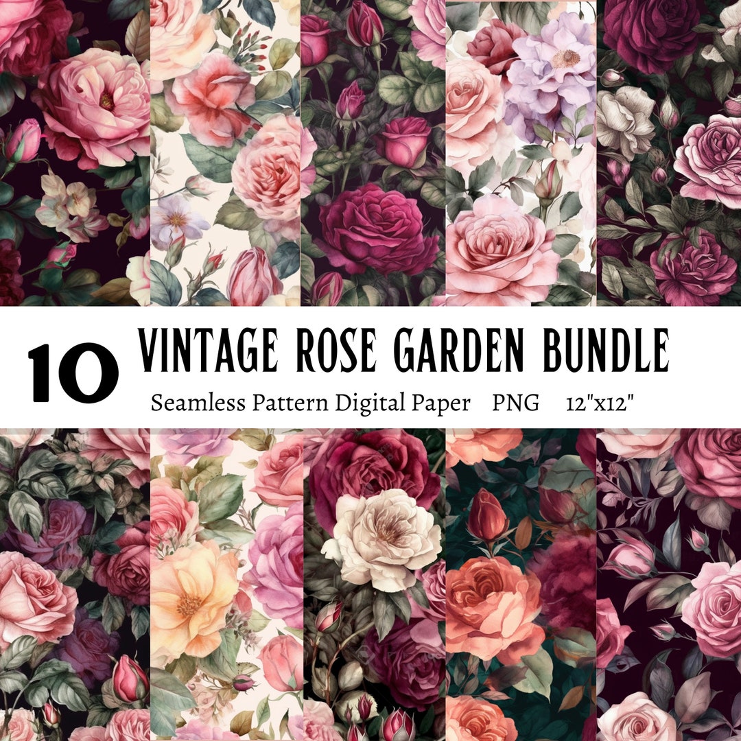 Vintage Rose Garden Digital Paper, Vintage Floral Patterns Bundle, Rose ...