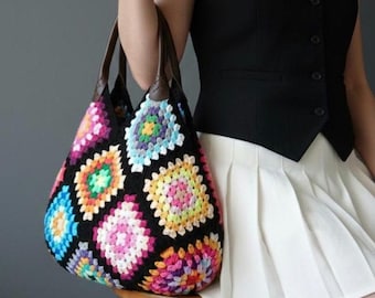 Schwarze Farbe, Ledergriff, gefüttert, gehäkelte Vintage-Einkaufstasche, stilvolle Tasche, Oma Quadrat Tasche, Retro-Tasche, Vintage-Stil, Damentasche
