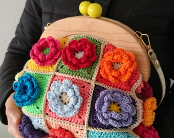 Bolso clutch de crochet con hebilla de madera, bolso de crochet floral, bolso de crochet con cierre de beso, bolso de noche, bolso bandolera