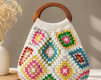 Handmade Crochet Granny Square Bag, Boho Tote Bag, Knitted Shoulder Bag, Stylish Everyday Bag, Unique Gift for Her