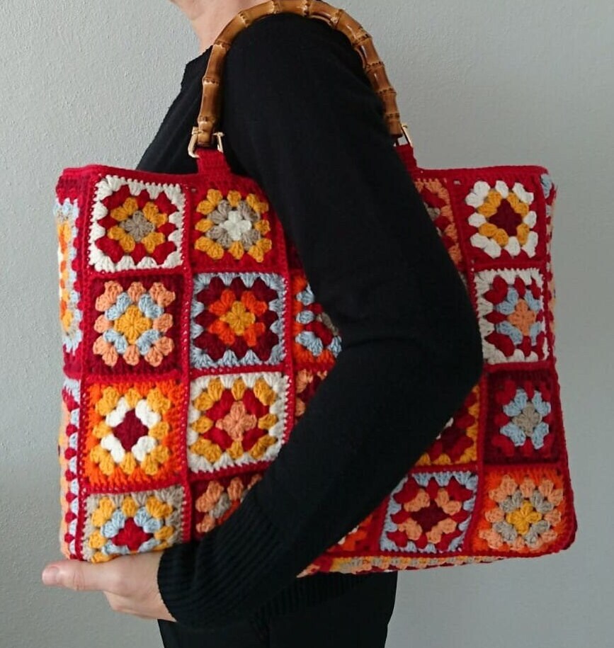 Colorful Granny Square Tote Bag With Crochet Real Bamboo