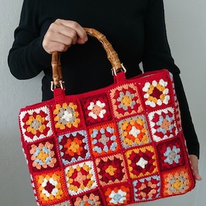 Bunte Oma Square Einkaufstasche mit häkeln echte Bambusgriff, Top Griff gefüttert Häkeltasche