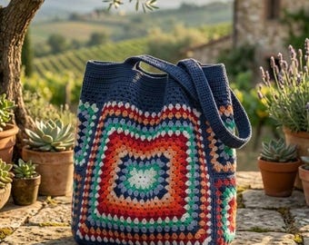 Crochet Granny Square Bag, Boho Tote Bag, Handmade Knitted Shoulder Bag, Stylish Everyday Purse