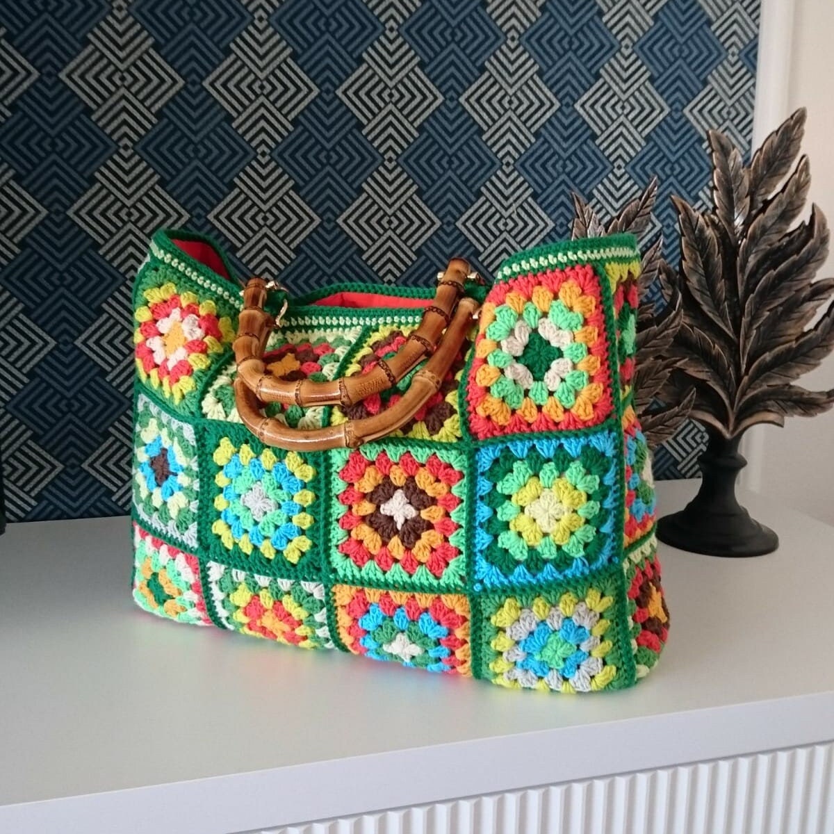 Colorful Granny Square Tote Bag With Crochet Real Bamboo