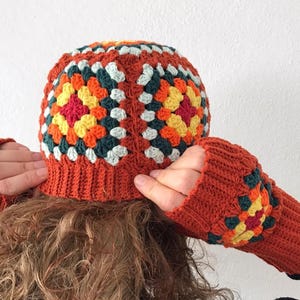 Crochet Granny Square Beanie and Gloves, Unisex Beanie and Gloves, granny square beanie, Bohemian Beanie, Crochet Granny Square Gloves