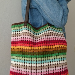 Brown, Colorful Granny Crochet Tote Bag with Leather Top Handles in Vintage Style, Chic Daily Crochet Bag