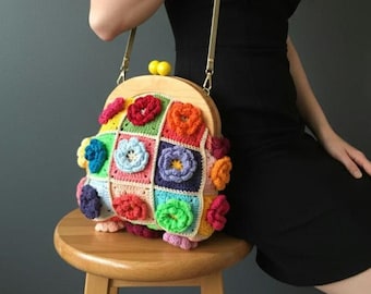 Bolso de mano de crochet con hebilla de madera, bolso de crochet floral, bolso de crochet con cierre de beso, bolso de noche, bolso bandolera