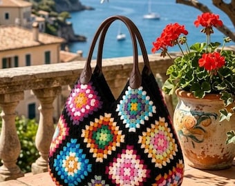 Handmade Crochet Granny Square Bag, Boho Tote Bag, Knitted Shoulder Bag, Stylish Everyday Bag, Unique Gift for Her