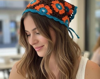 Pañuelo floral de crochet, pañuelo campestre, pañuelo retro, pañuelo de crochet para el cabello