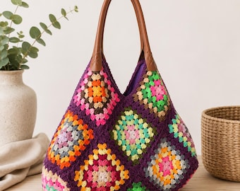 Handmade Crochet Granny Square Bag, Boho Tote Bag, Knitted Shoulder Bag, Stylish Everyday Bag, Unique Gift for Her