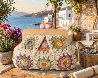 Colorful Granny Square Crochet Bag, Handmade Boho Bag, Summer Tote, Gift for Her, Patchwork Knit Purse