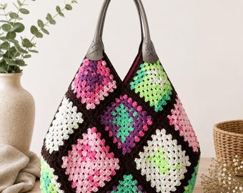 Handmade Crochet Granny Square Bag, Boho Tote Bag, Knitted Shoulder Bag, Stylish Everyday Bag, Unique Gift for Her