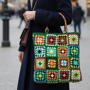 Colorful Granny Square Tote Bag with Crochet Real Bamboo Handle, top handle lined crochet bag