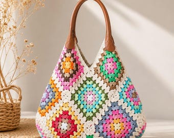 Handmade Crochet Granny Square Bag, Boho Tote Bag, Knitted Shoulder Bag, Stylish Everyday Bag, Unique Gift for Her
